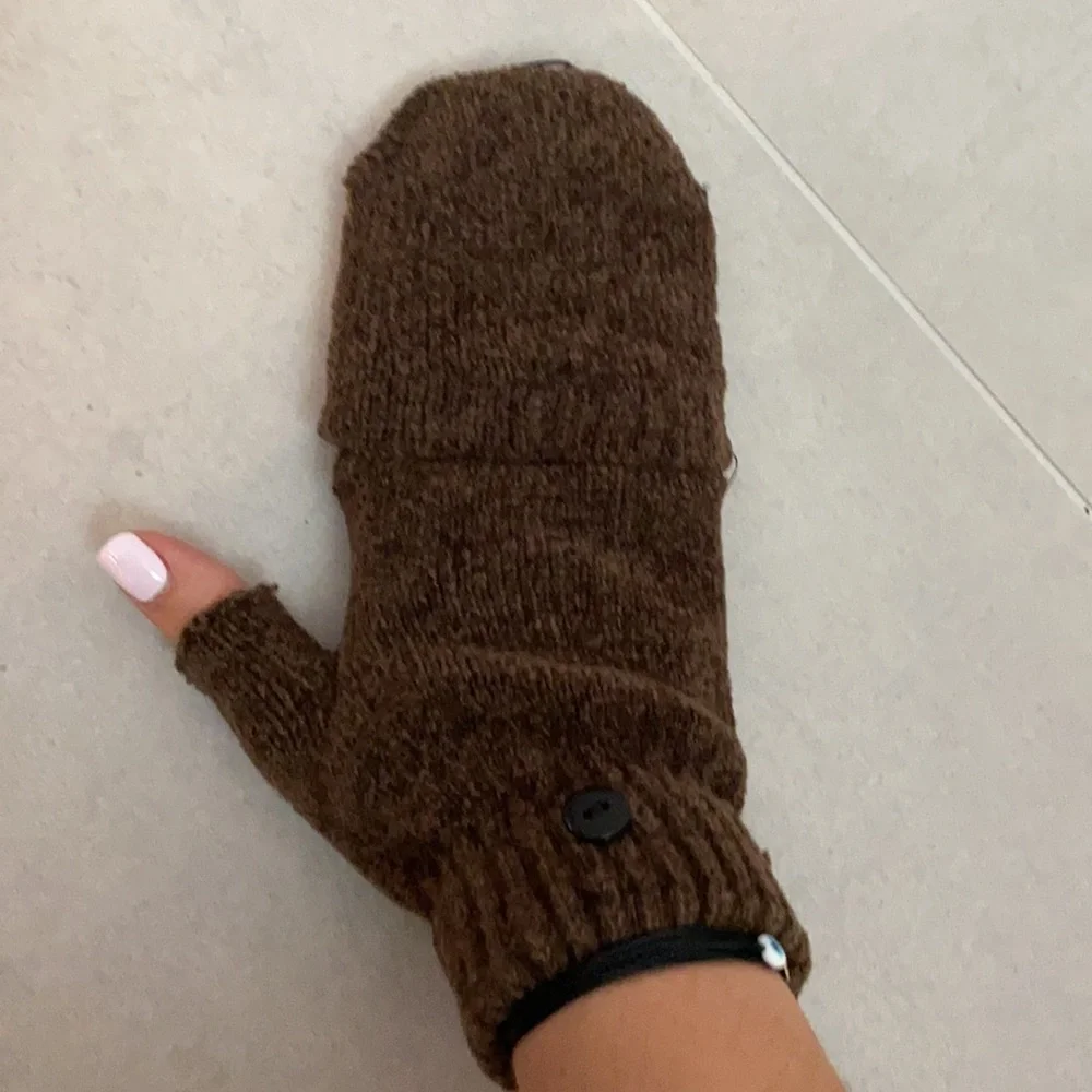 Women men Unisex Brown knit winter mittens gloves multi use covered fingers